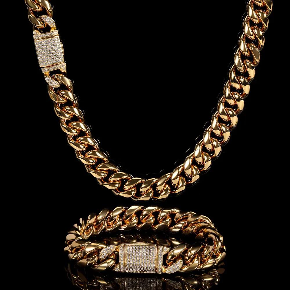 마이애미 남성용 쿠바 링크 체인 목걸이, 316L 스테인리스 스틸 금도금 목걸이, 풀 아이스 걸쇠 포함, 12mm